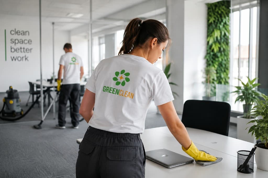 Tým GreenClean při úklidu kanceláře